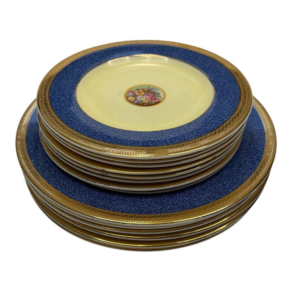 14 pc Crown Ducal Roma Pattern Gold Rim Salad and Dinner Plates Floral